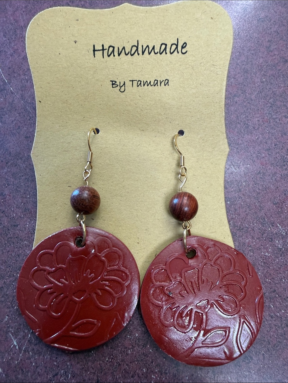 Handmade Red Floral Round Drop Earrings